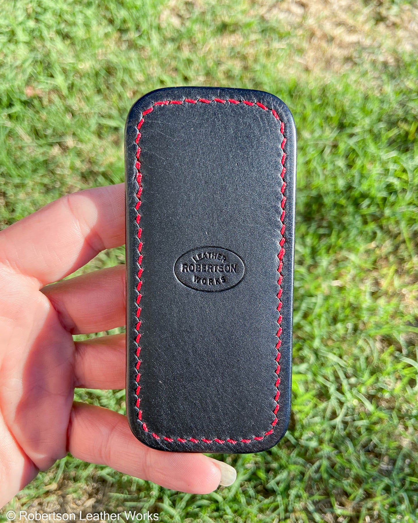 Small Red Ostrich Leg Leather Knife Slip, Red Stitching