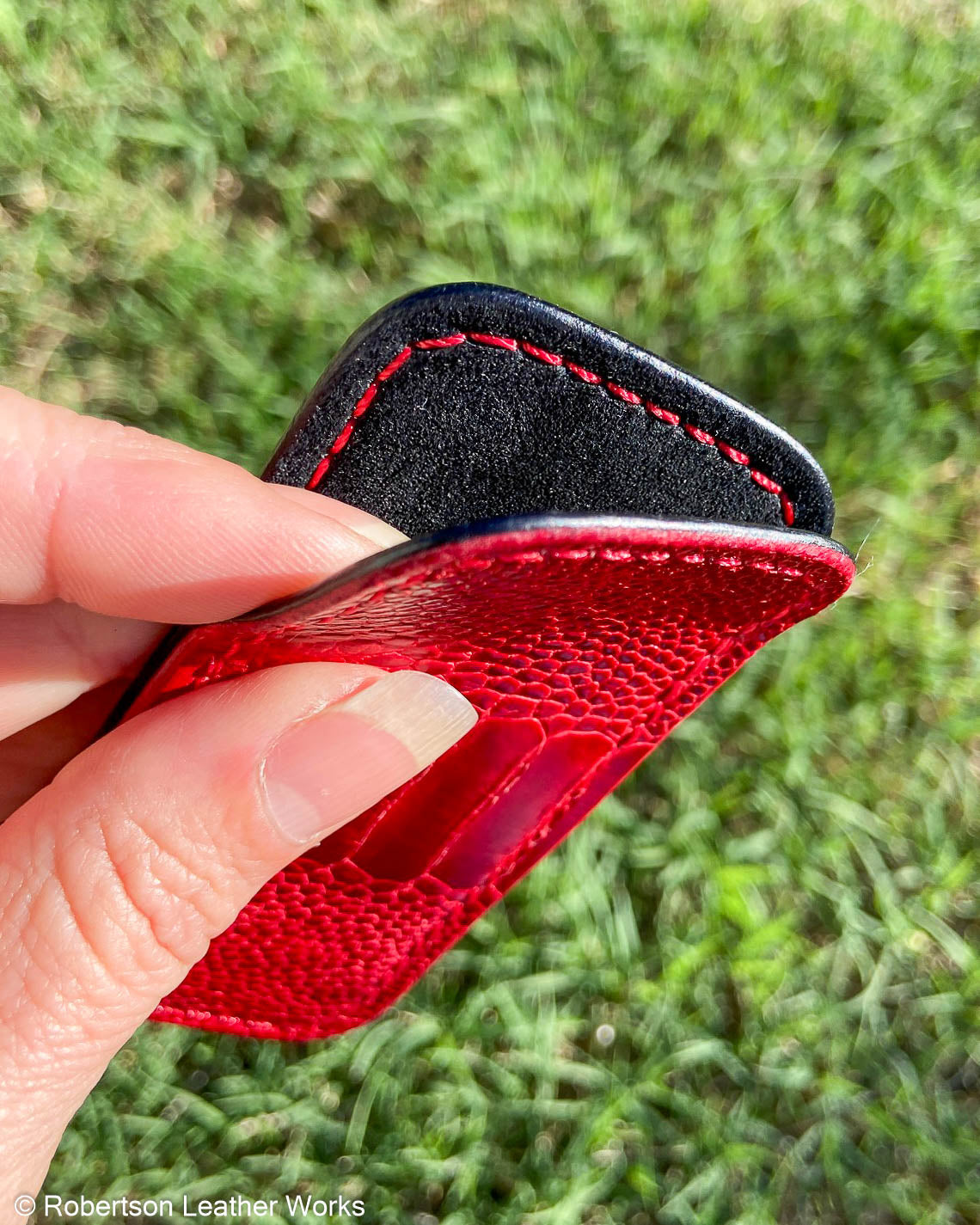 Small Red Ostrich Leg Leather Knife Slip, Red Stitching