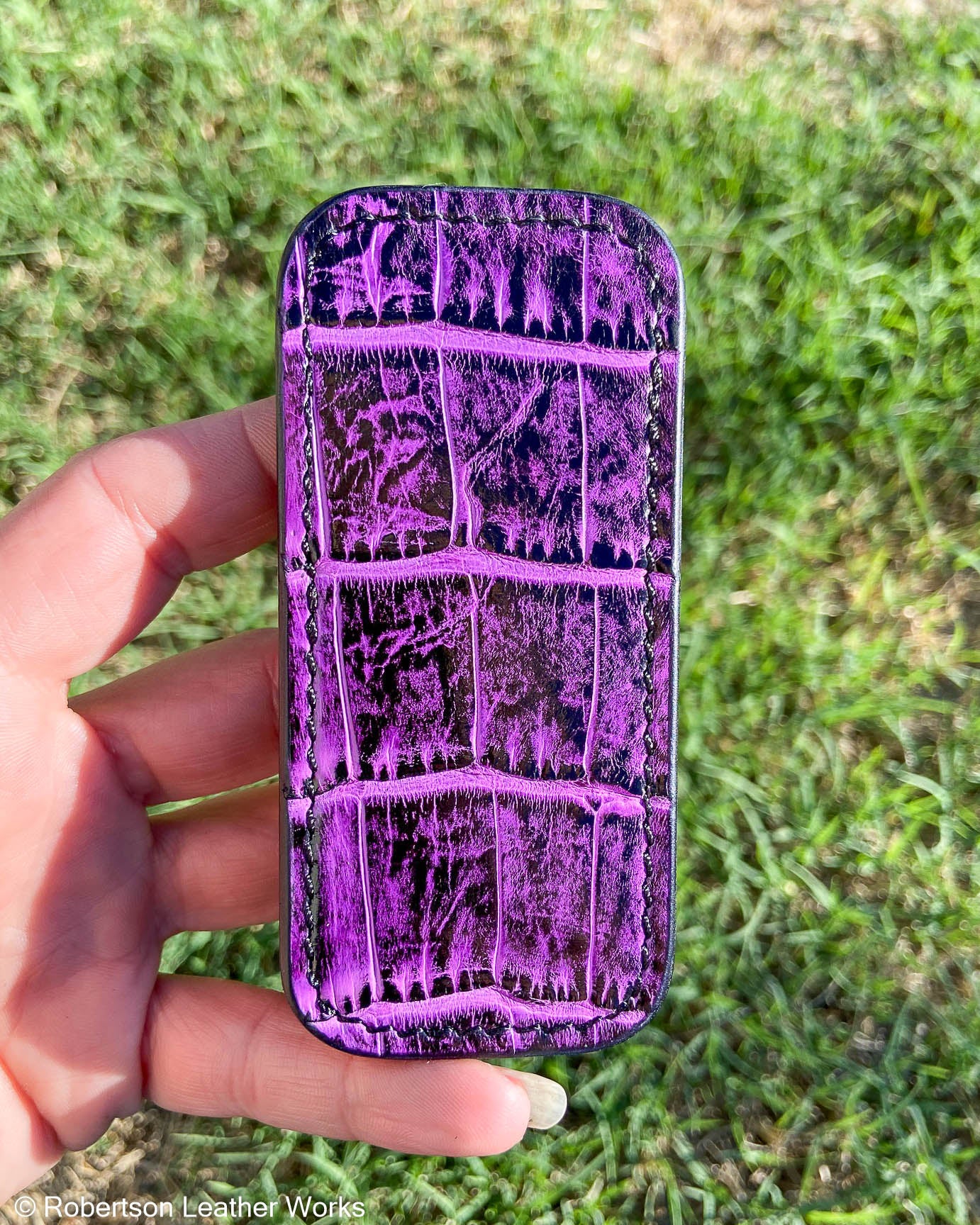 Small H.D. Purple-Black Caiman Tail Leather Knife Slip, Black Stitching