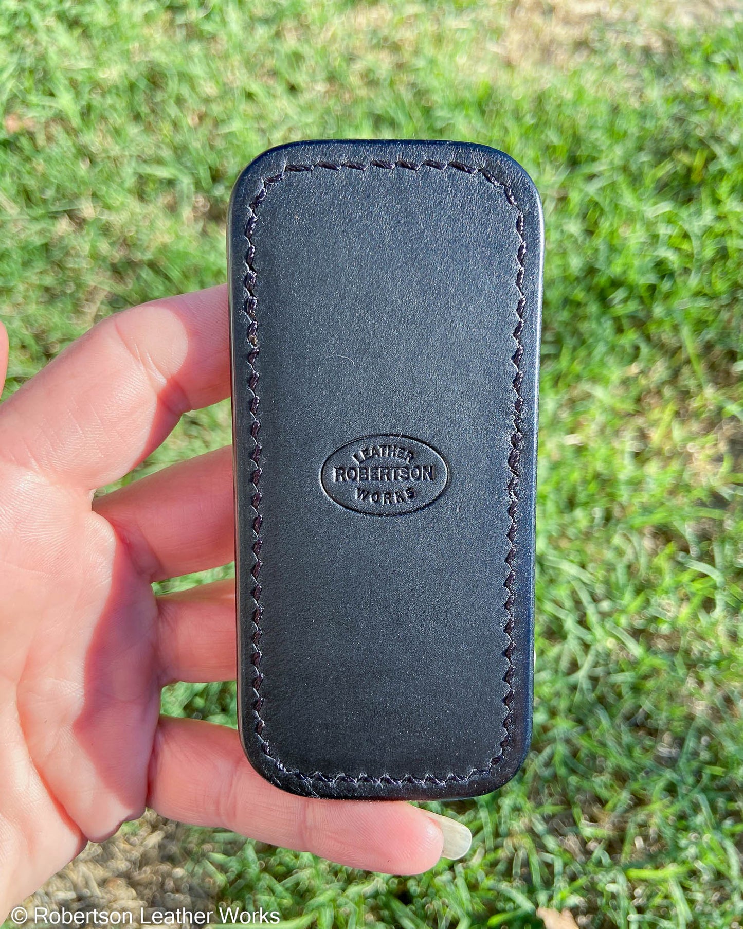 Small H.D. Purple-Black Caiman Tail Leather Knife Slip, Black Stitching