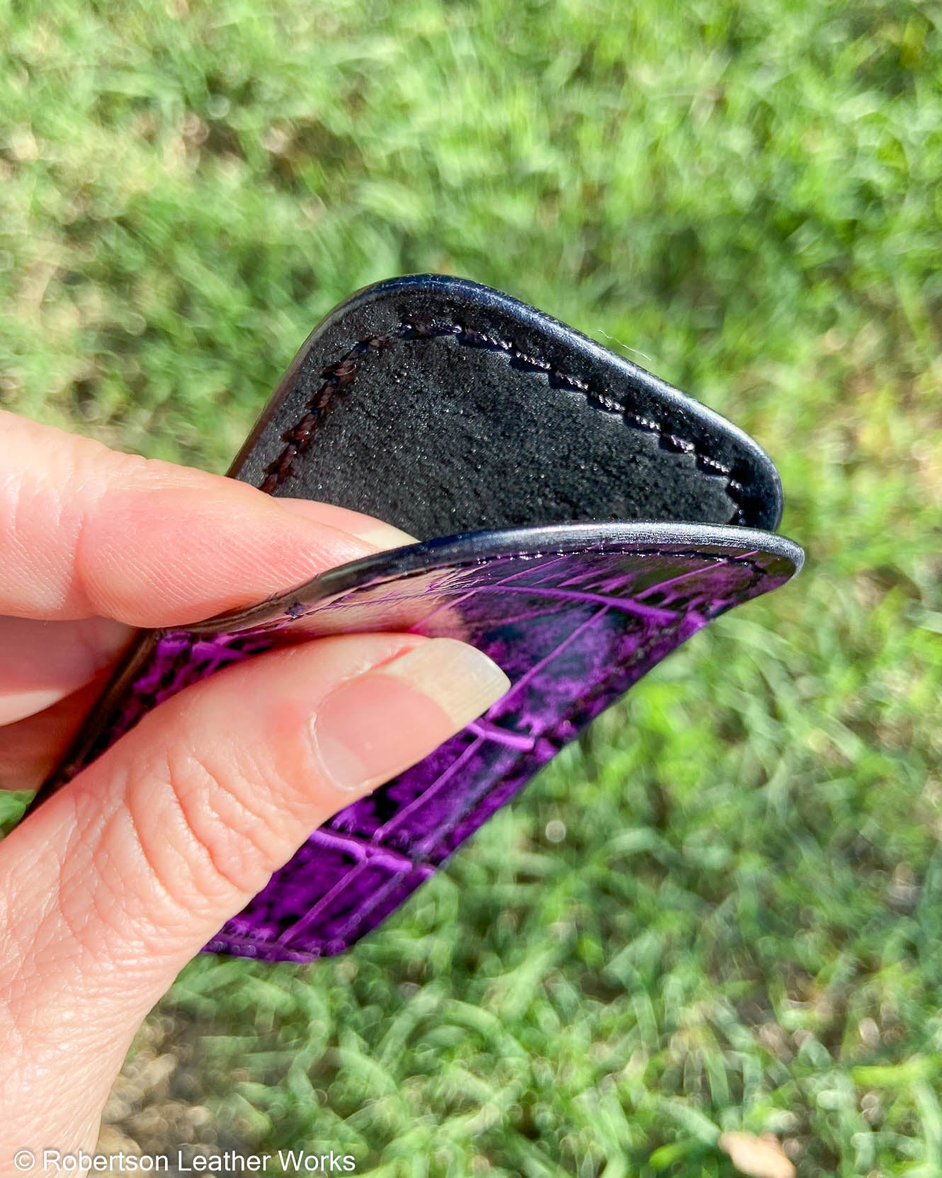 Small H.D. Purple-Black Caiman Tail Leather Knife Slip, Black Stitching