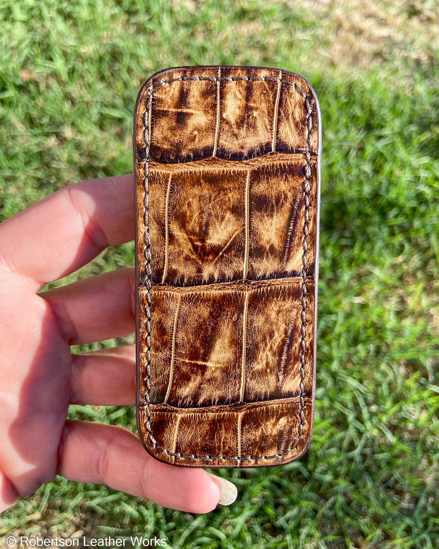 Small H.D. Brown-Tan Caiman Tail Leather Knife Slip, Brown Stitching