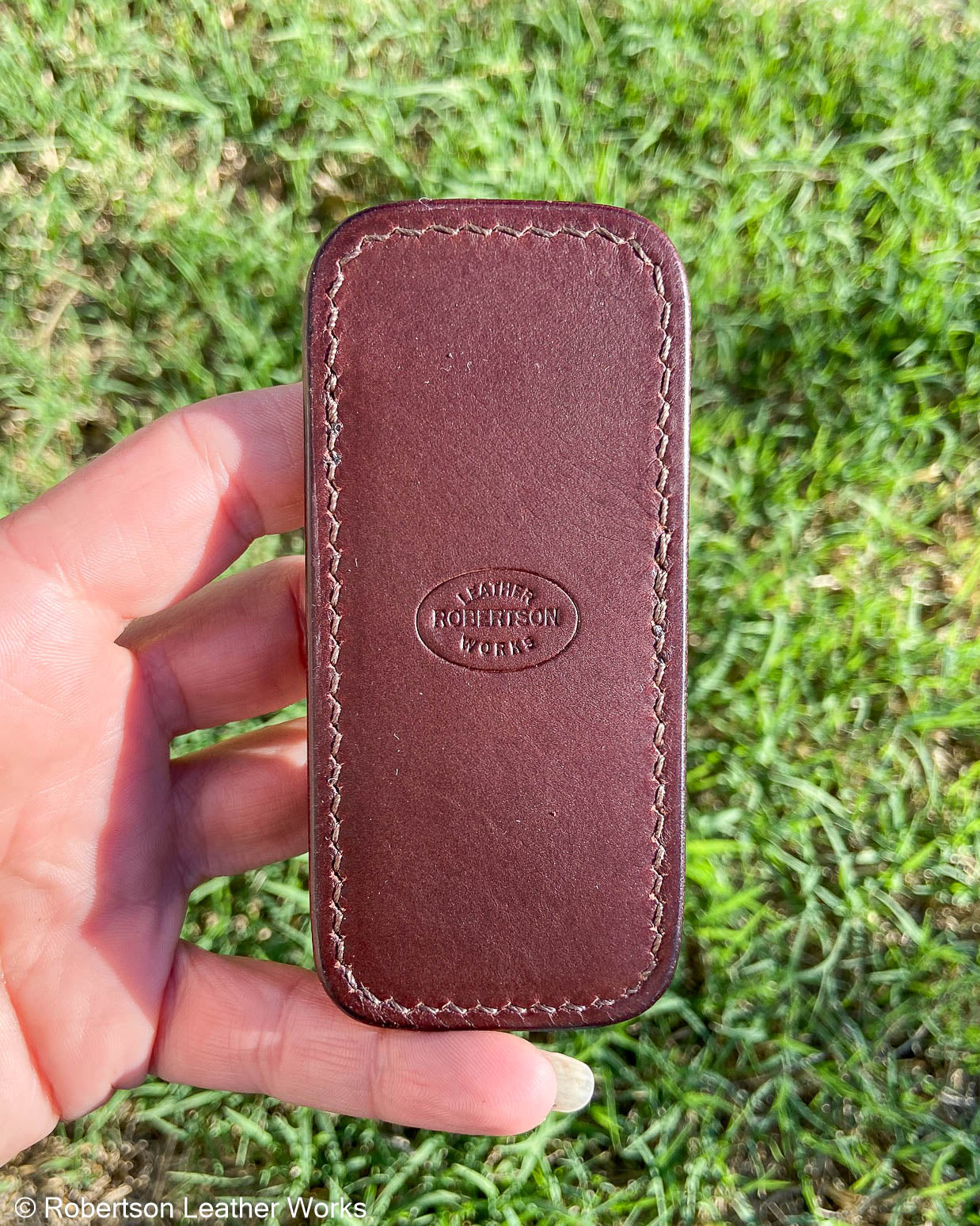 Small H.D. Brown-Tan Caiman Tail Leather Knife Slip, Brown Stitching