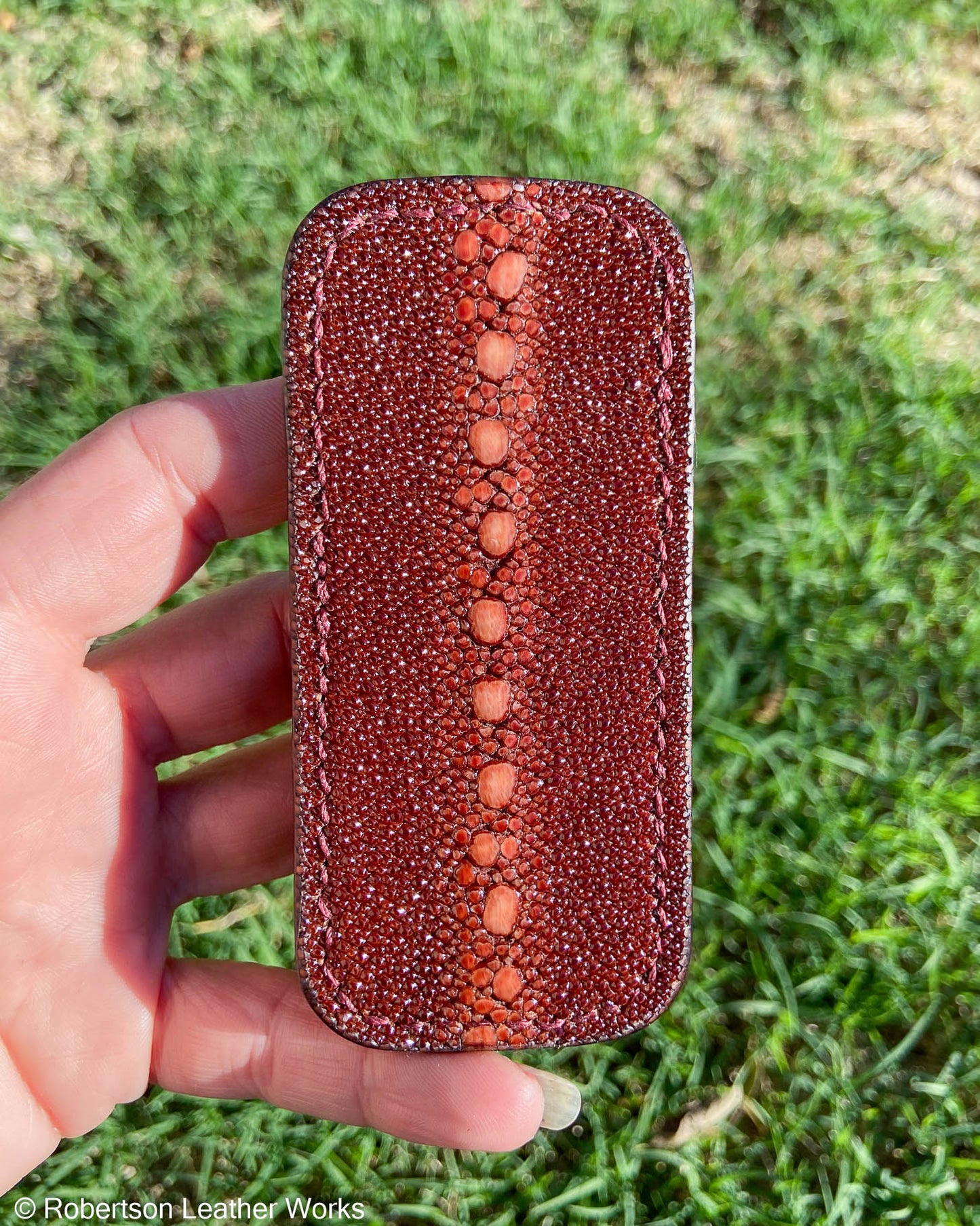 Small Brown Row-Stone Stingray Leather Knife Slip, Burgundy Stitching