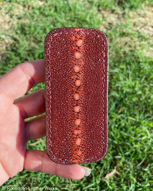 Small Brown Row-Stone Stingray Leather Knife Slip, Burgundy Stitching