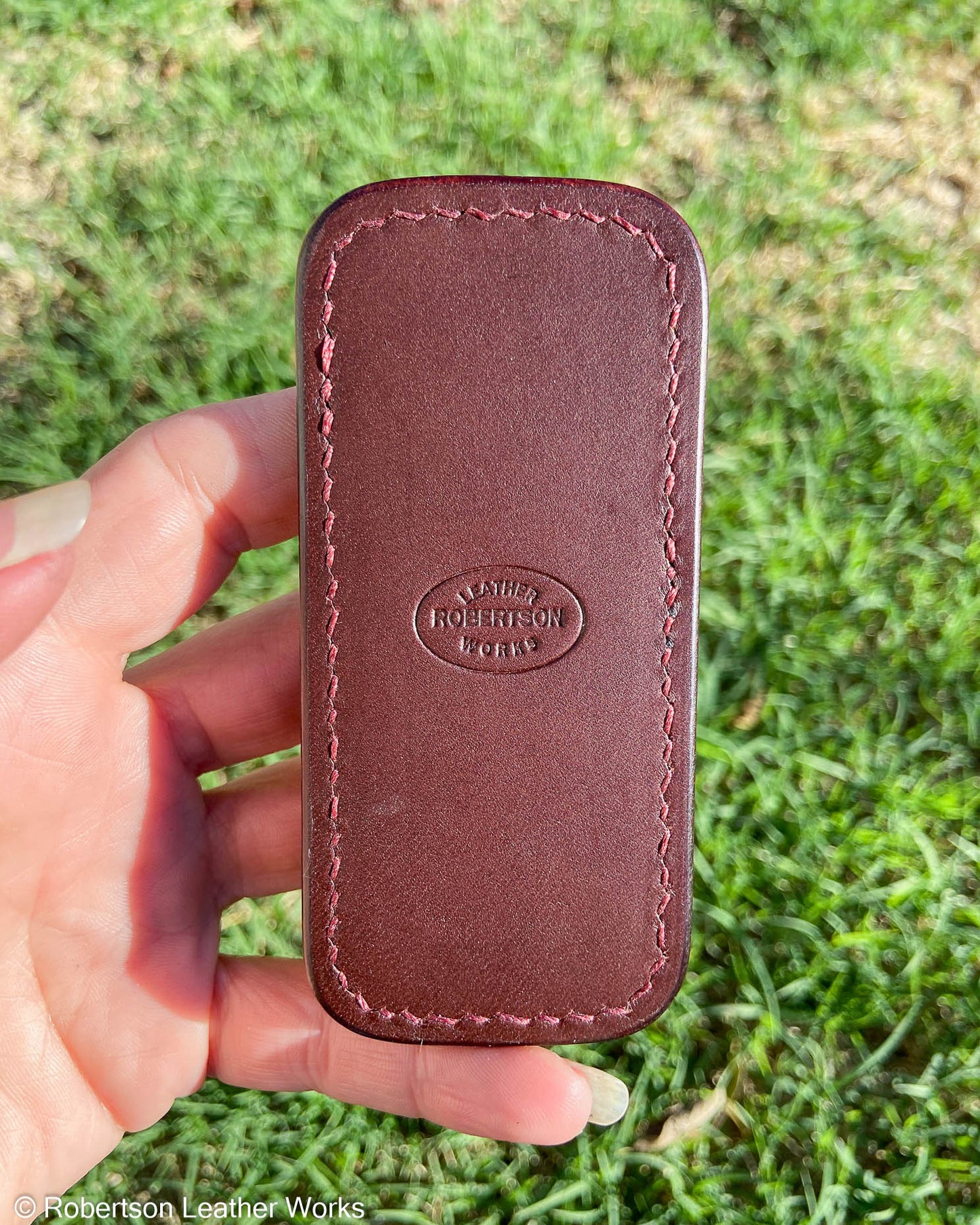 Small Brown Row-Stone Stingray Leather Knife Slip, Burgundy Stitching
