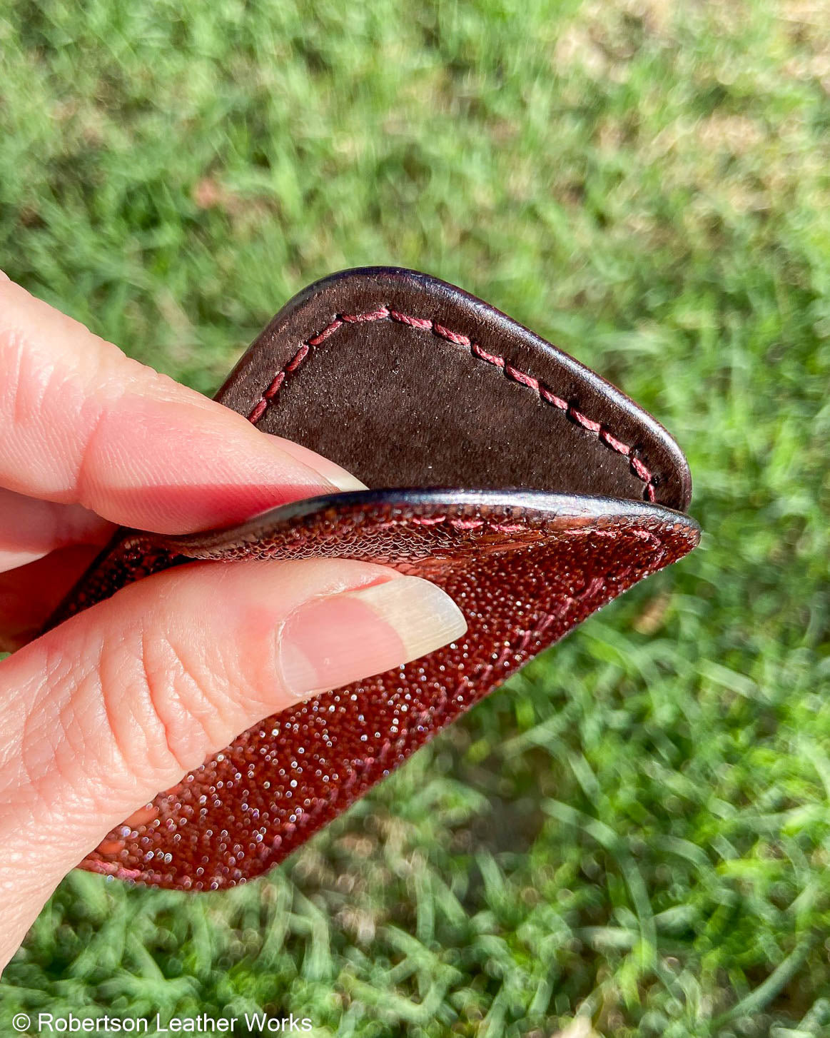 Small Brown Row-Stone Stingray Leather Knife Slip, Burgundy Stitching