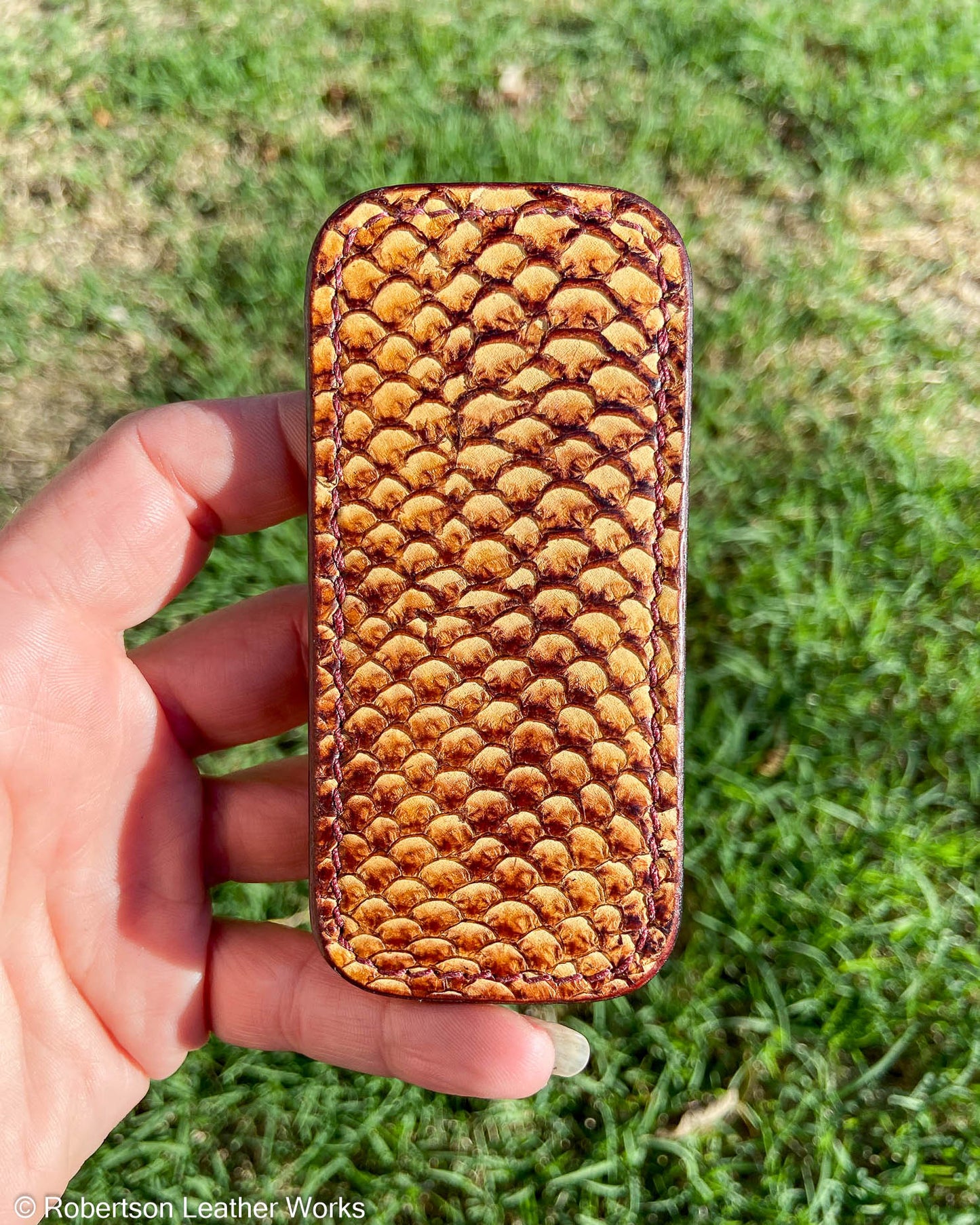 Small Tan Snakehead Fish Leather Knife Slip, Burgundy Stitching