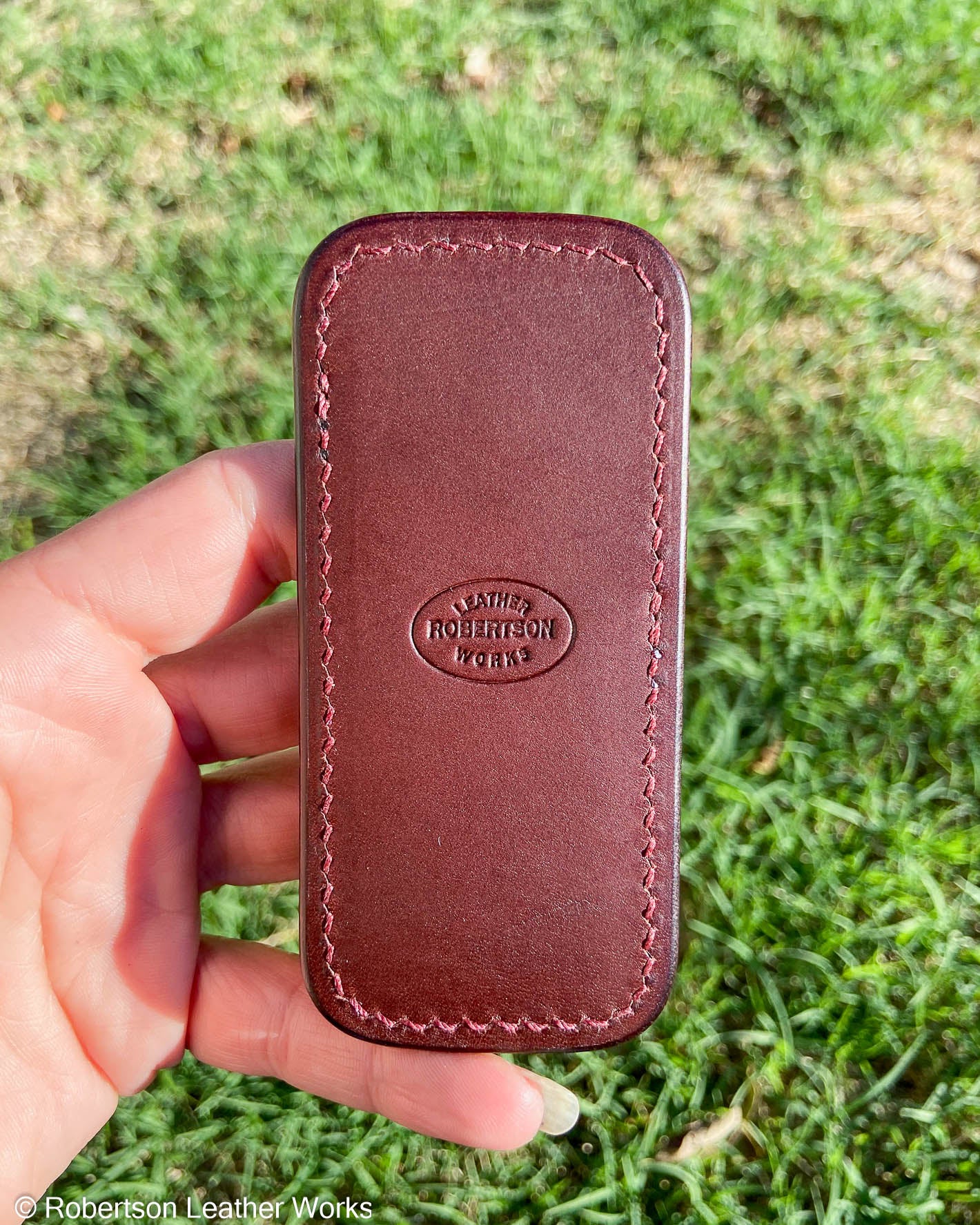 Small Tan Snakehead Fish Leather Knife Slip, Burgundy Stitching