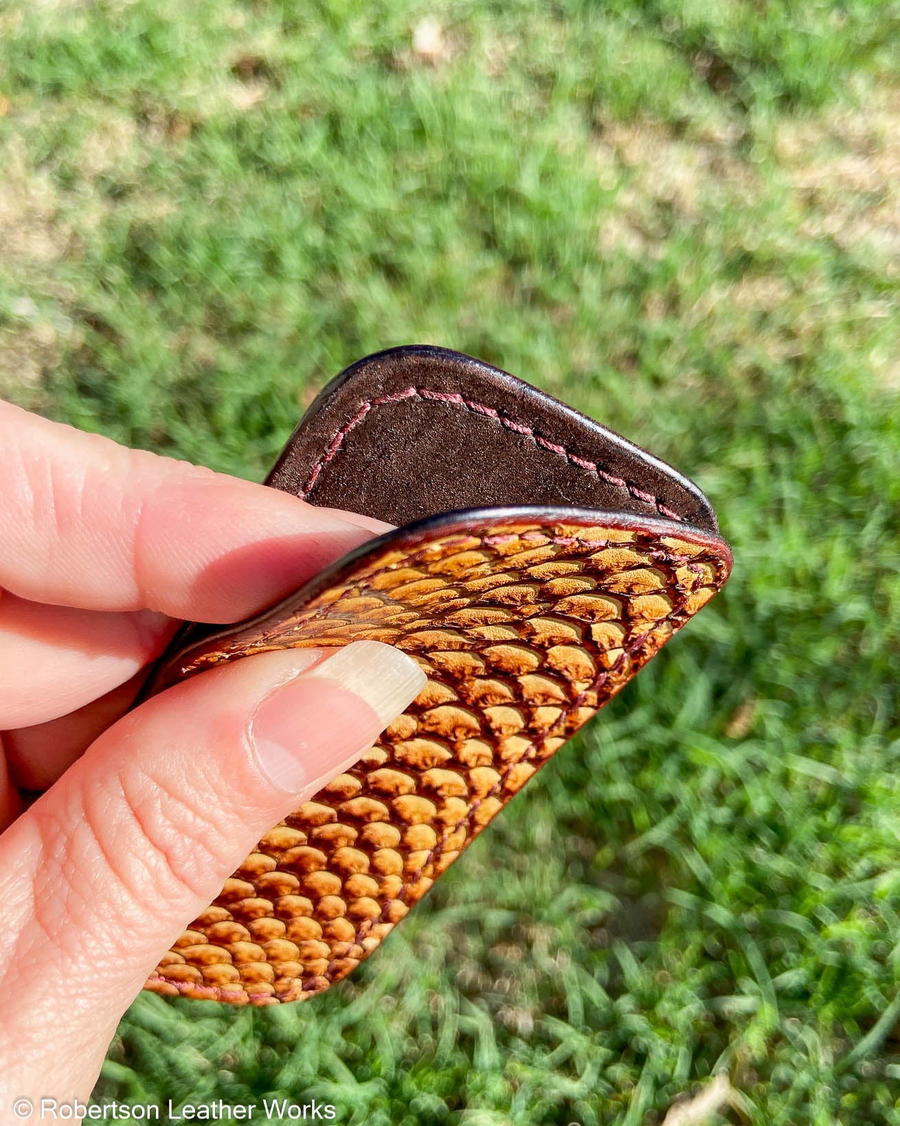 Small Tan Snakehead Fish Leather Knife Slip, Burgundy Stitching