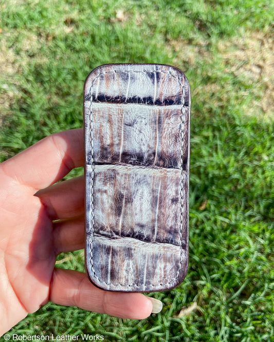 Small H.D. Gray Caiman Tail Leather Knife Slip, Silver Stitching