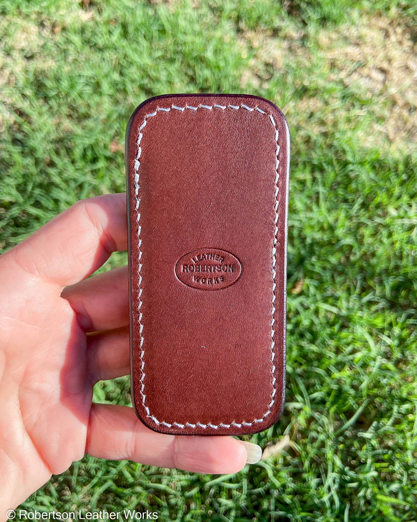 Small H.D. Gray Caiman Tail Leather Knife Slip, Silver Stitching