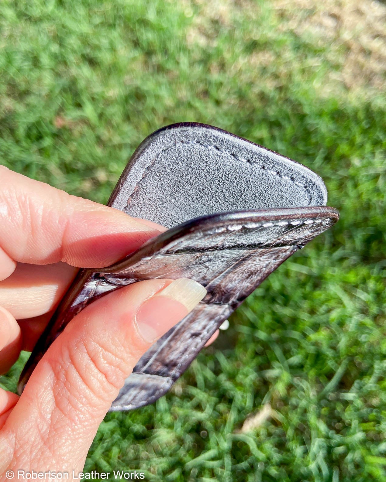 Small H.D. Gray Caiman Tail Leather Knife Slip, Silver Stitching