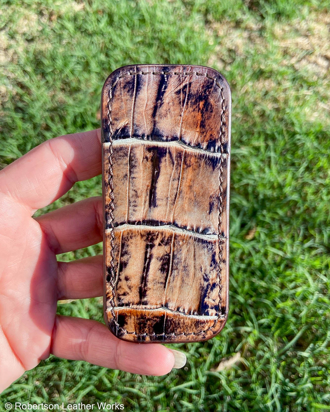 Small H.D. Brown-Greige Caiman Tail Leather Knife Slip, Brown Stitching