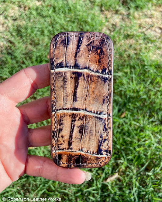 Small H.D. Brown-Greige Caiman Tail Leather Knife Slip, Brown Stitching