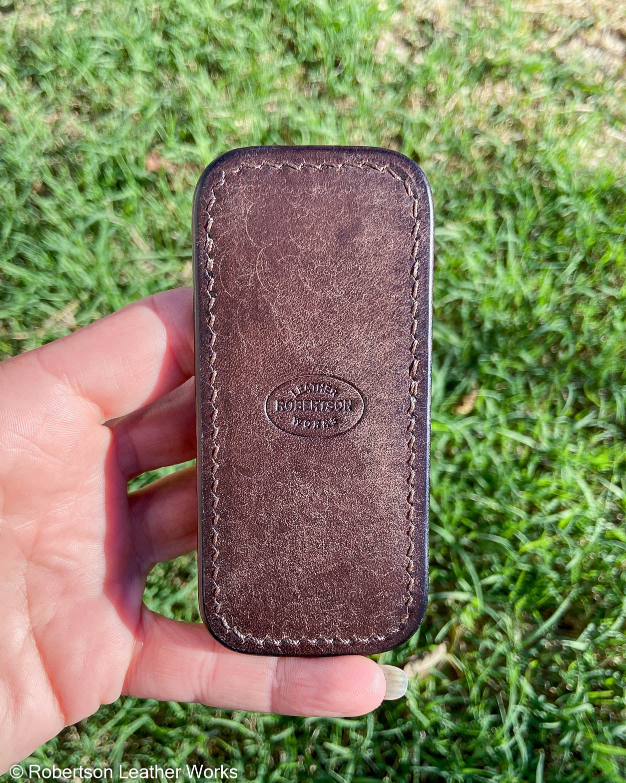 Small H.D. Brown-Greige Caiman Tail Leather Knife Slip, Brown Stitching