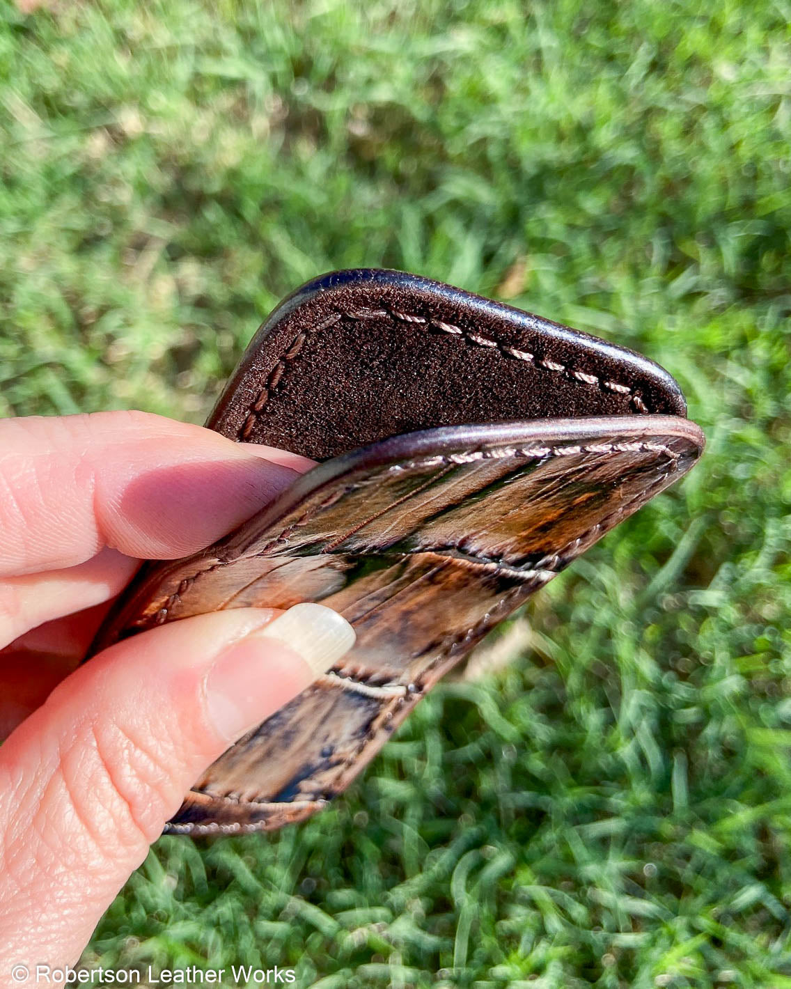 Small H.D. Brown-Greige Caiman Tail Leather Knife Slip, Brown Stitching