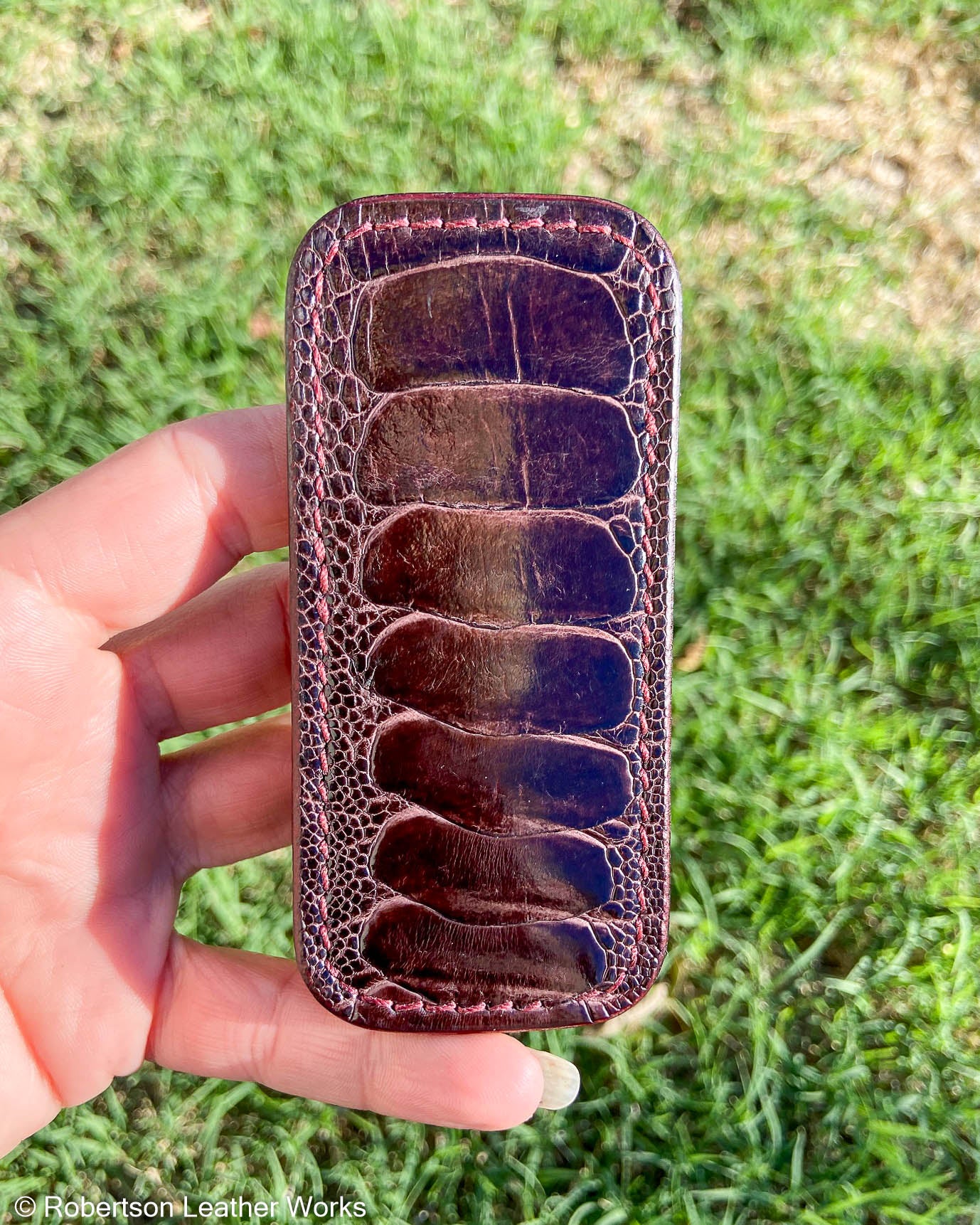 Small Bordeaux Ostrich Leg Leather Knife Slip, Burgundy Stitching