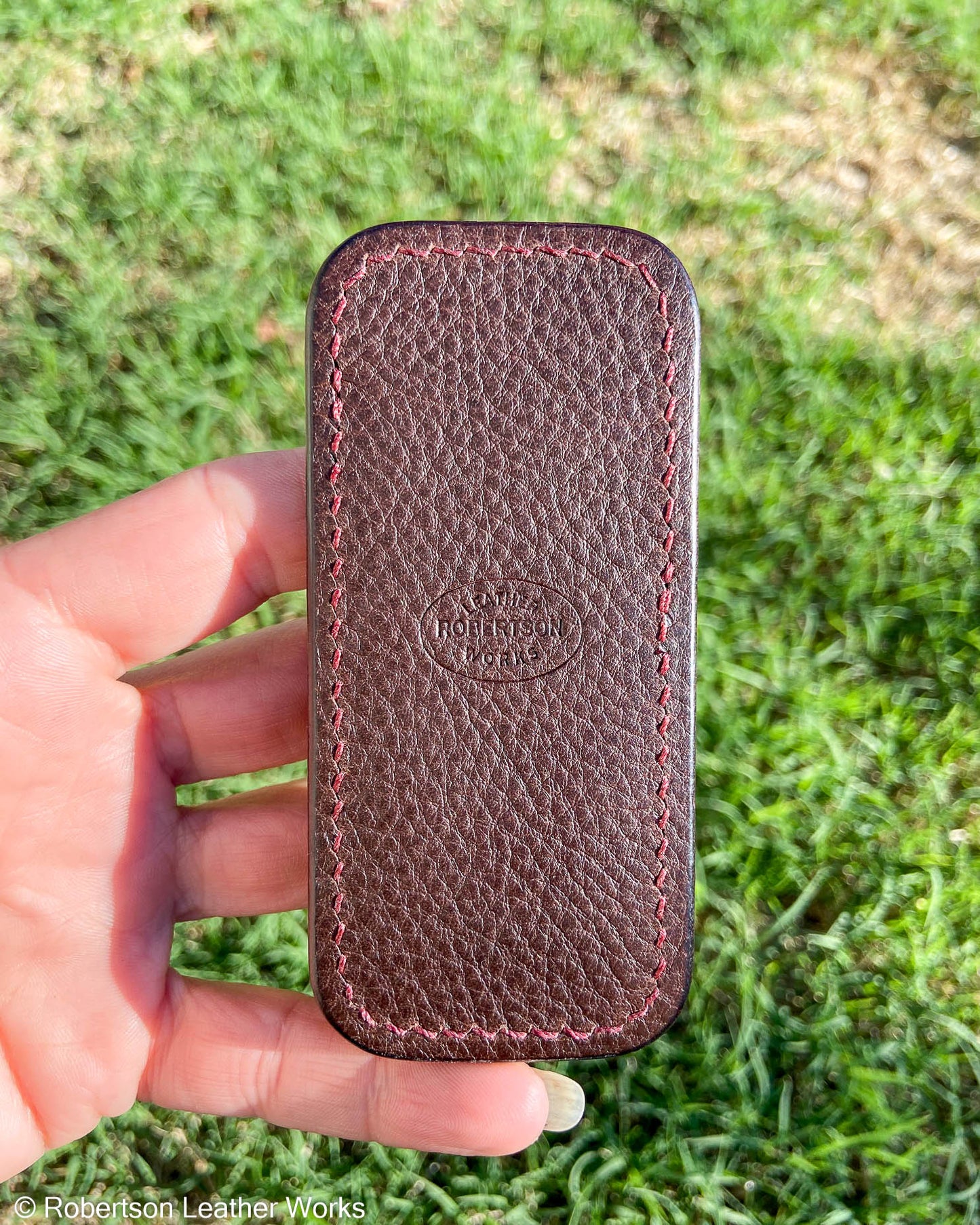 Small Bordeaux Ostrich Leg Leather Knife Slip, Burgundy Stitching