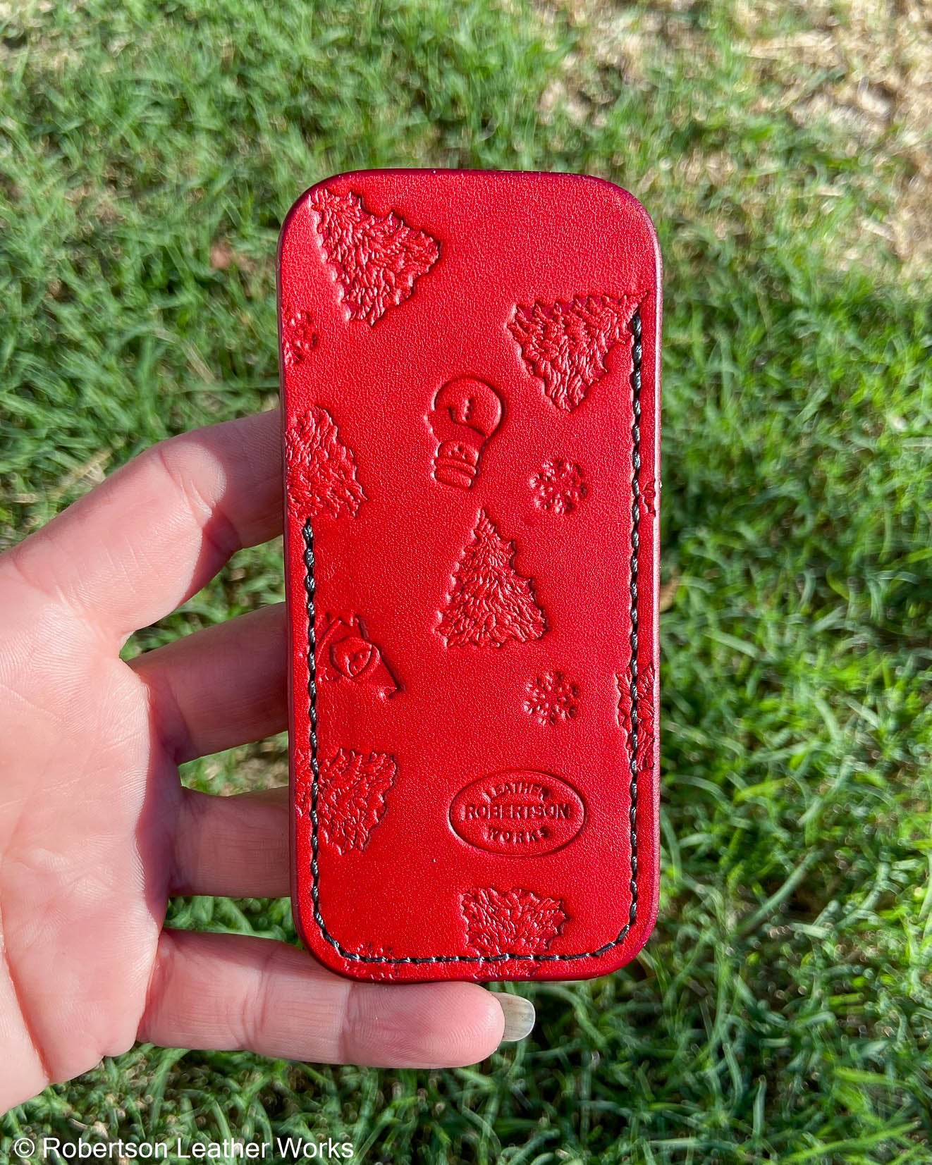 Medium Red Christmas Stamped Leather Knife Slip, Forest Stitching
