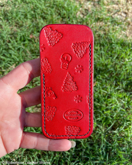 Medium Red Christmas Stamped Leather Knife Slip, Forest Stitching
