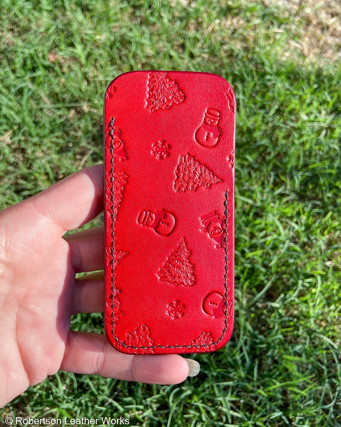 Medium Red Christmas Stamped Leather Knife Slip, Forest Stitching