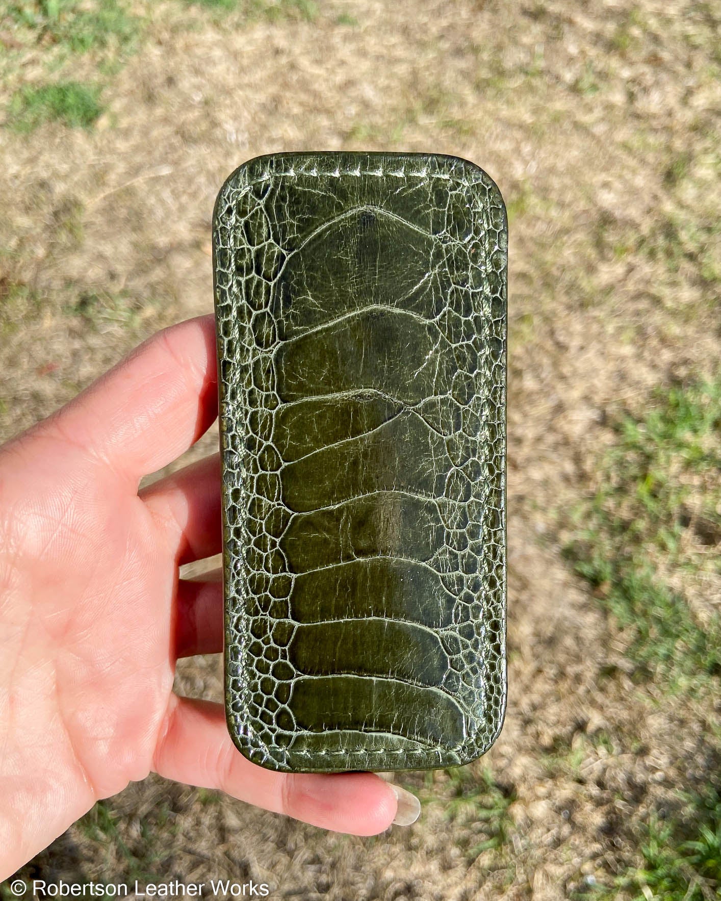 Medium Moss Green Ostrich Leg Leather Knife Slip, OD Green Stitching