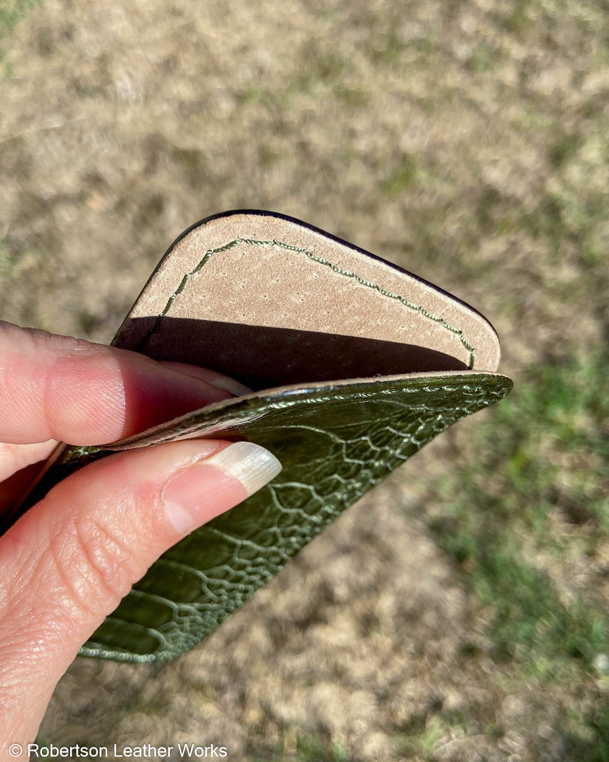 Medium Moss Green Ostrich Leg Leather Knife Slip, OD Green Stitching