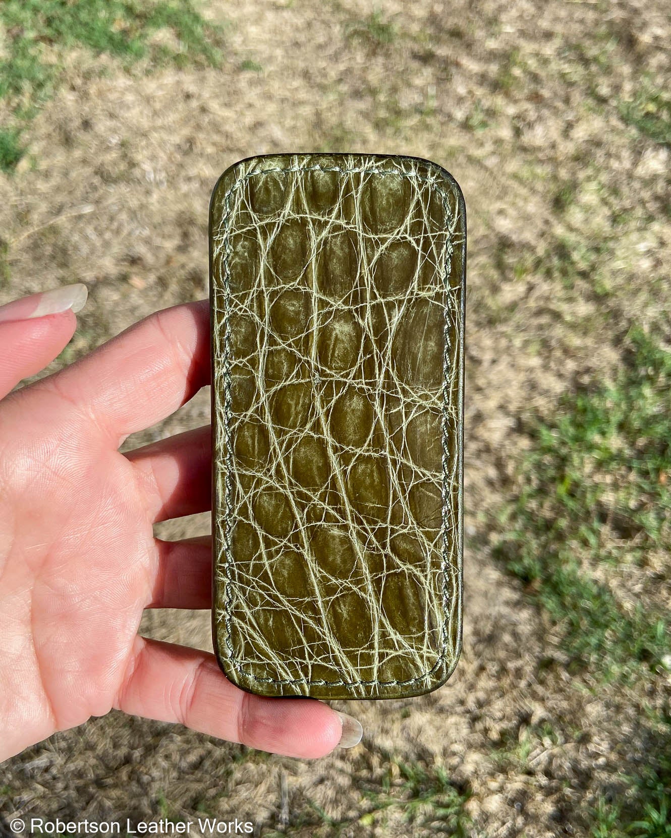 Medium Olive Crocodile Leather Knife Slip, OD Green Stitching