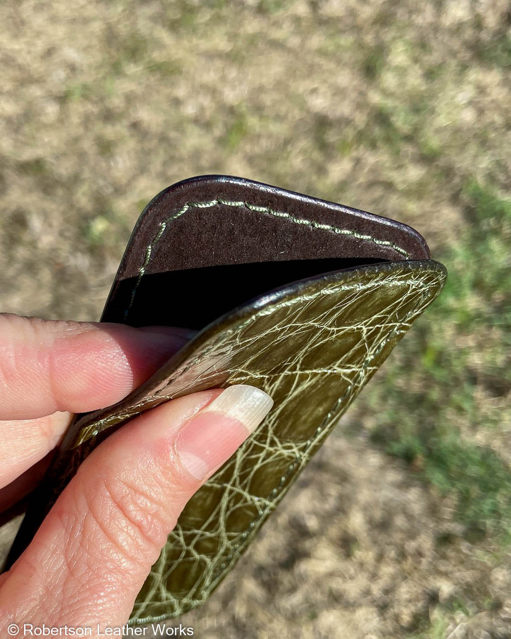 Medium Olive Crocodile Leather Knife Slip, OD Green Stitching