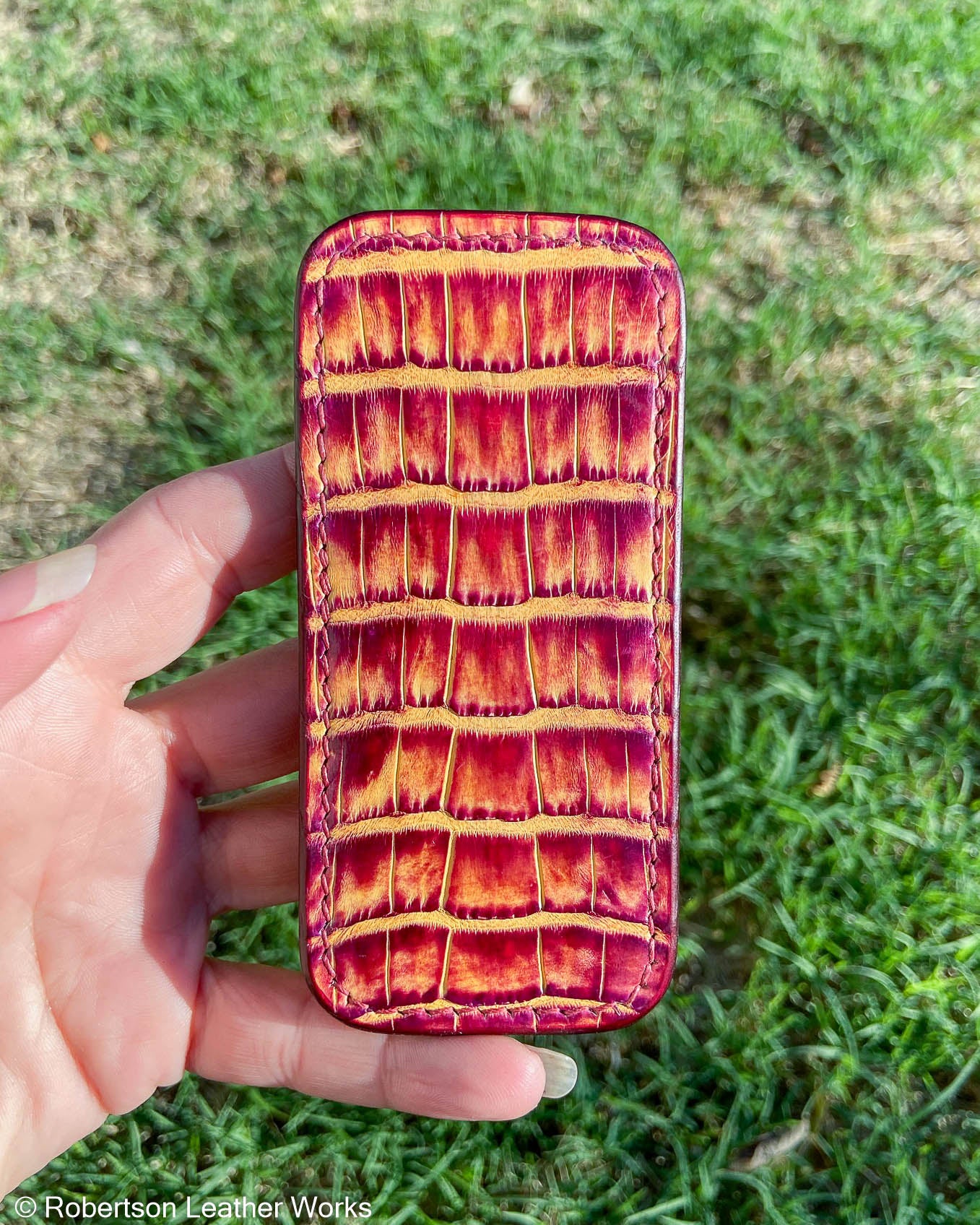 Medium H.D. Orange-Fuchsia Caiman Tail Leather Knife Slip, Maroon Stitching