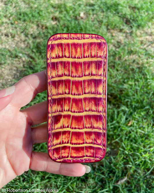 Medium H.D. Orange-Fuchsia Caiman Tail Leather Knife Slip, Maroon Stitching