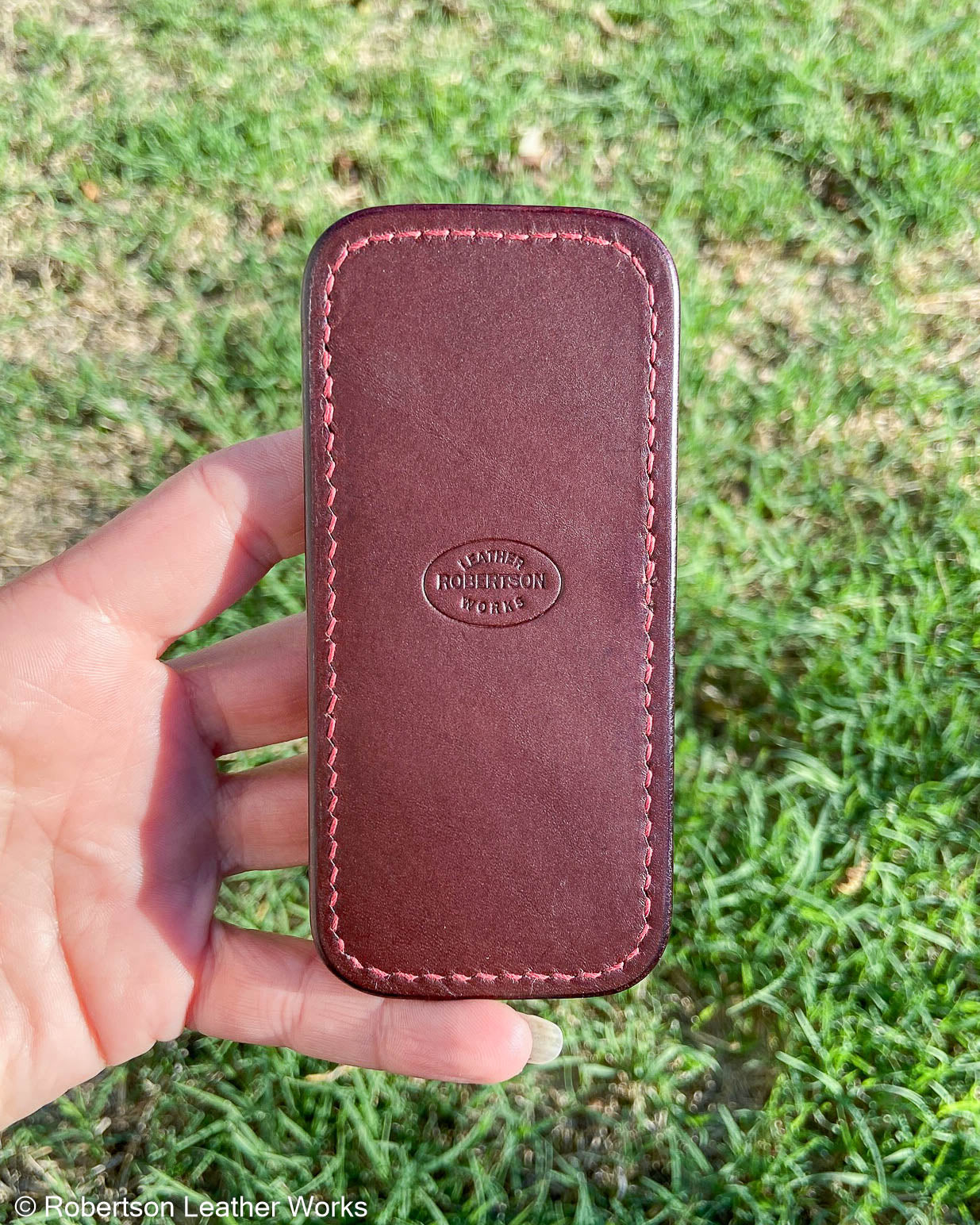 Medium H.D. Orange-Fuchsia Caiman Tail Leather Knife Slip, Maroon Stitching