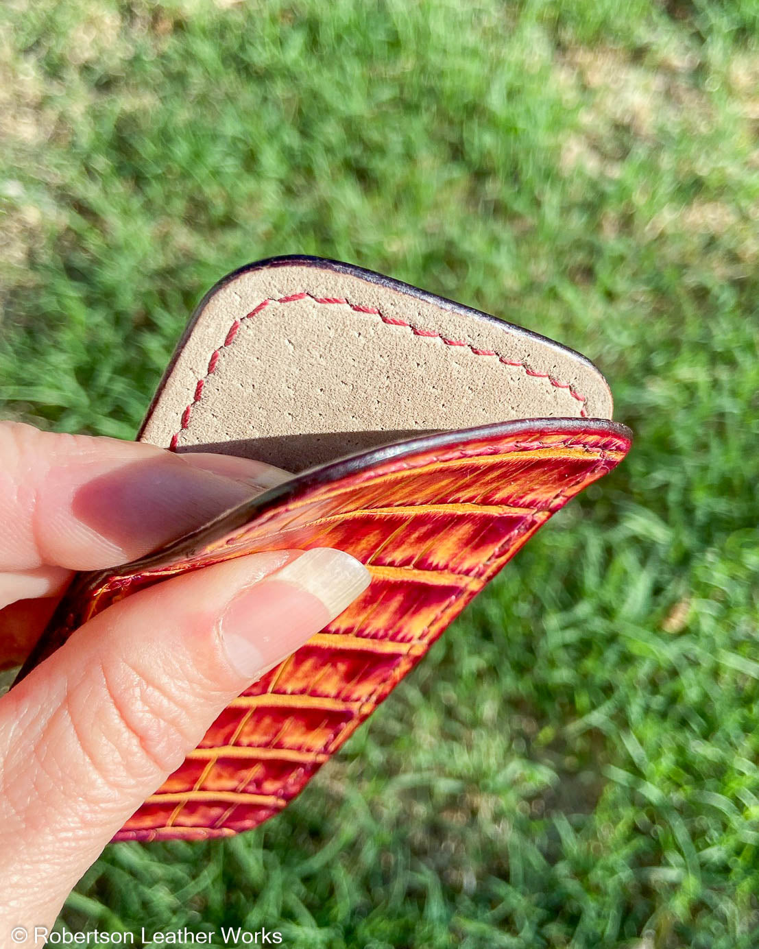 Medium H.D. Orange-Fuchsia Caiman Tail Leather Knife Slip, Maroon Stitching