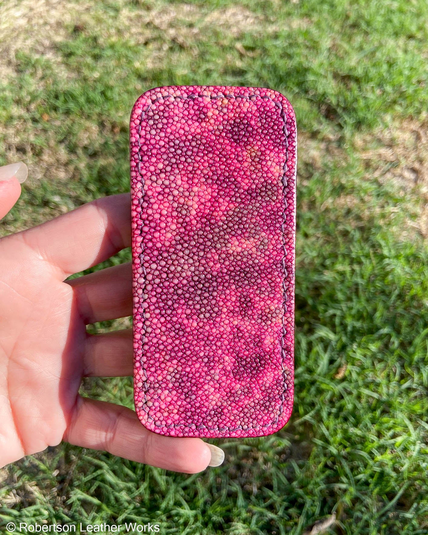 Medium H.D. Fuchsia-Maroon Stingray Leather Knife Slip, Plum Stitching