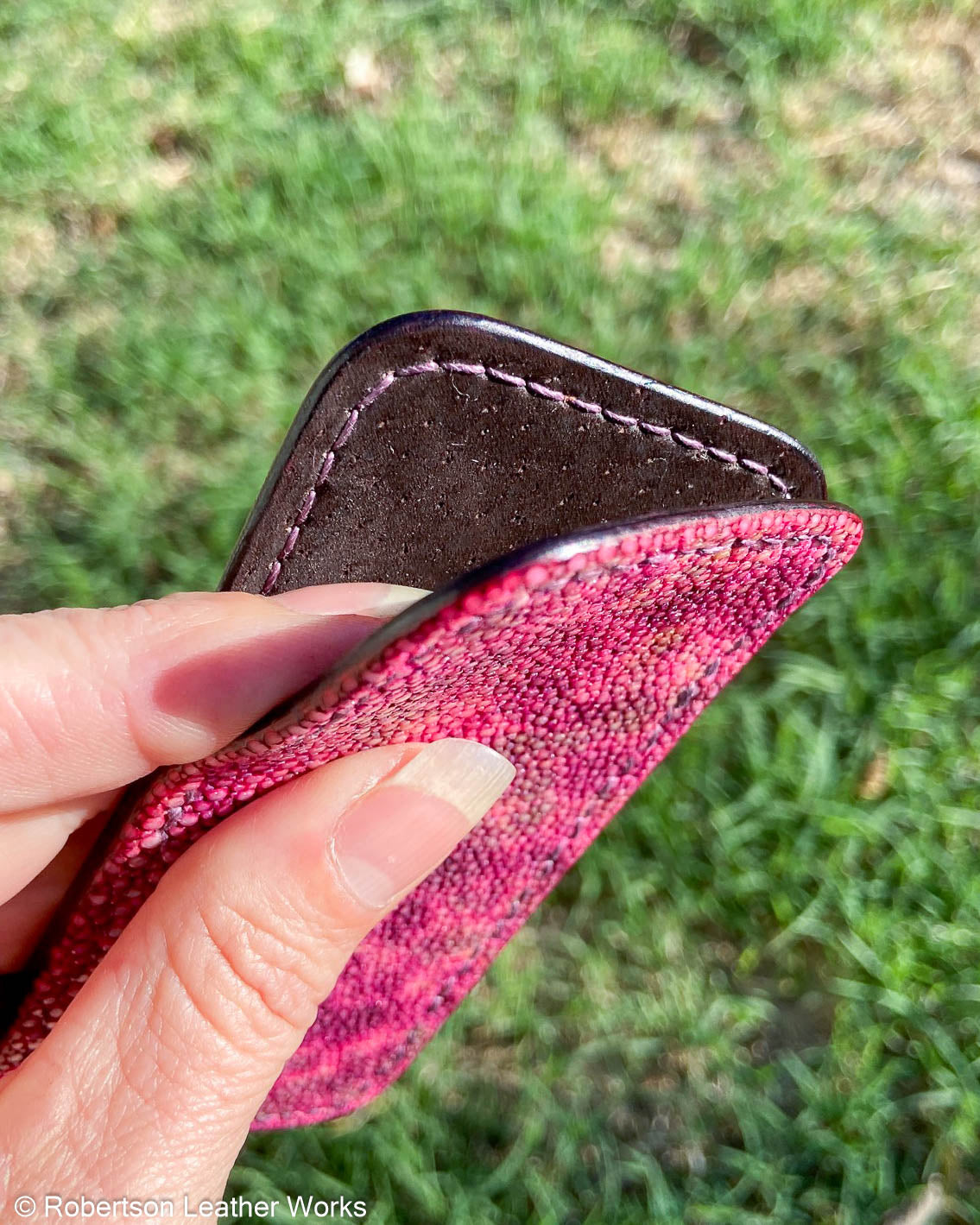 Medium H.D. Fuchsia-Maroon Stingray Leather Knife Slip, Plum Stitching