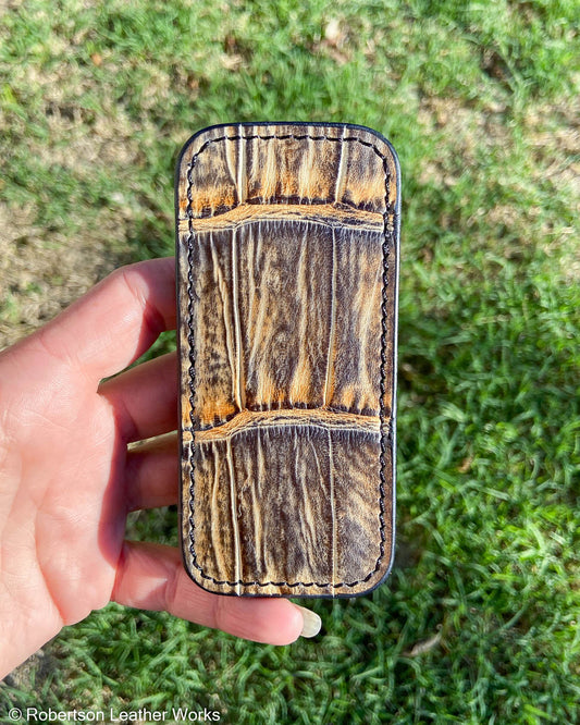 Medium H.D. Gray-Tan Caiman Tail Leather Knife Slip, Black Stitching