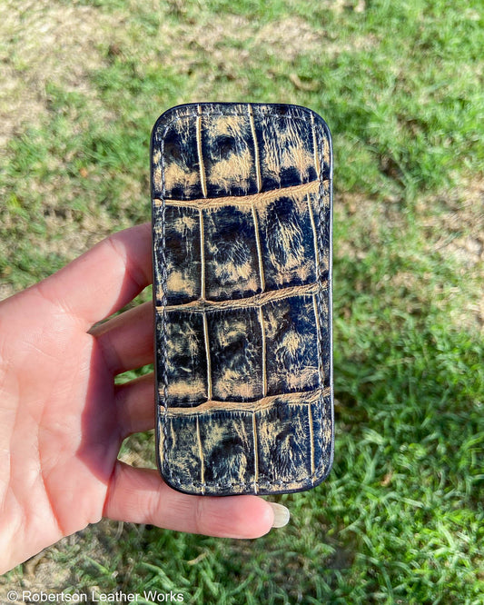 Medium H.D. Black-Tan Caiman Tail Leather Knife Slip, Charcoal Stitching