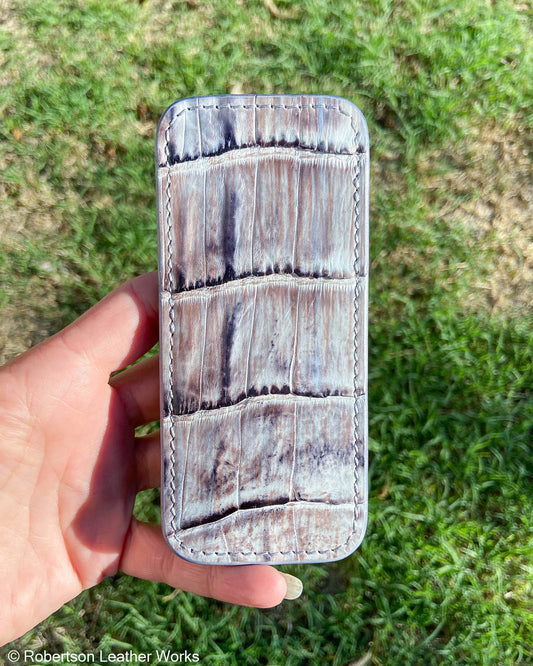 Large H.D. Gray Caiman Tail Leather Knife Slip, Silver Stitching