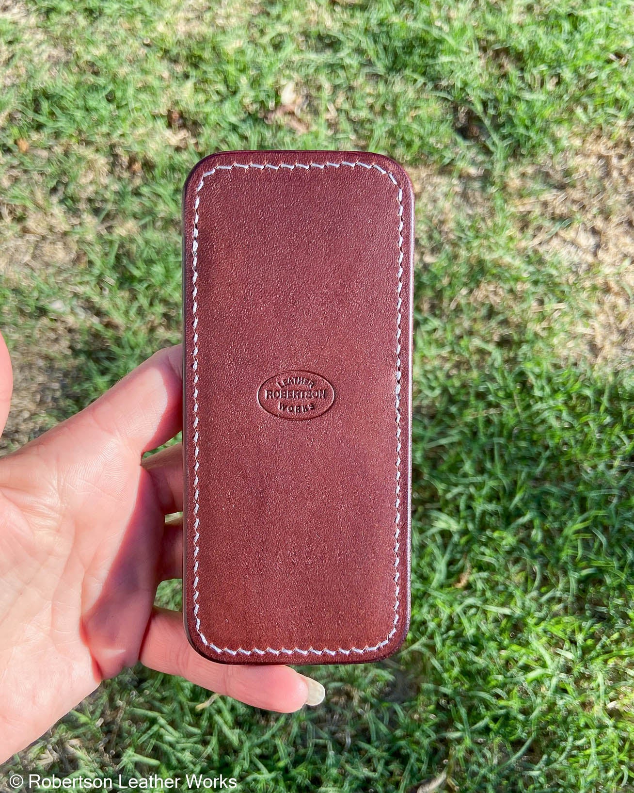 Large H.D. Gray Caiman Tail Leather Knife Slip, Silver Stitching