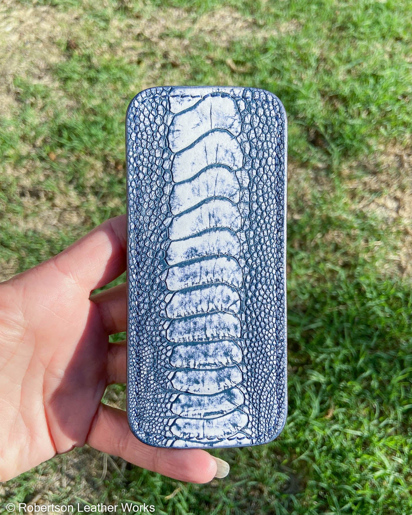 Large SW Navy Ostrich Leg Leather Knife Slip, Navy Stitching