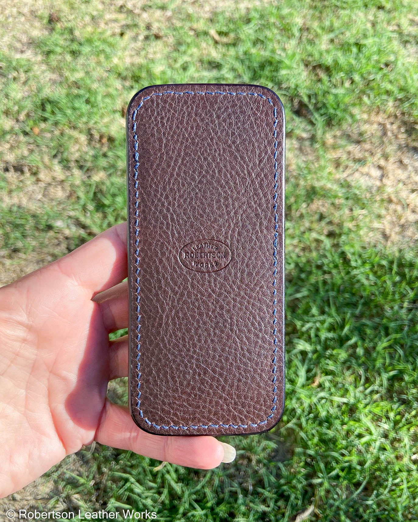 Large SW Navy Ostrich Leg Leather Knife Slip, Navy Stitching