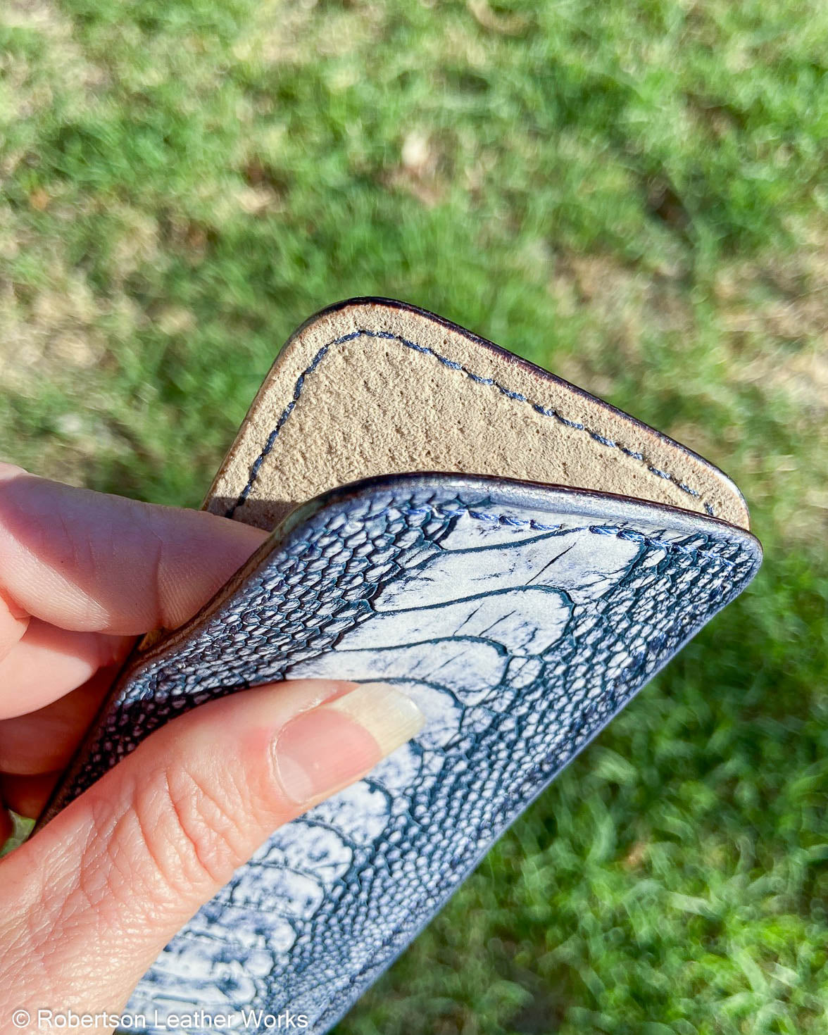 Large SW Navy Ostrich Leg Leather Knife Slip, Navy Stitching