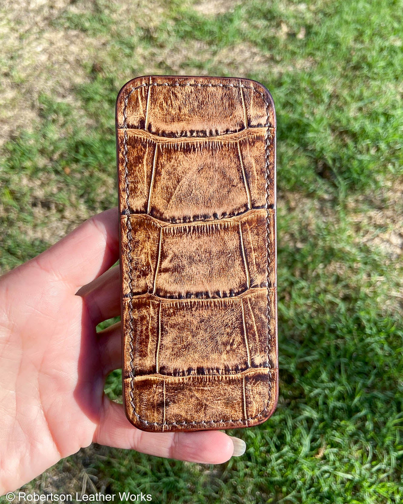 Large H.D. Tan-Brown Caiman Tail Leather Knife Slip, Brown Stitching