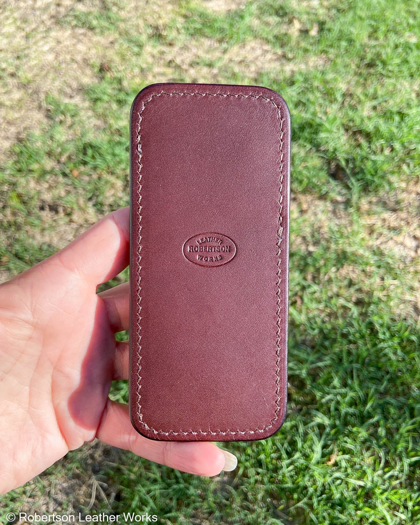 Large H.D. Tan-Brown Caiman Tail Leather Knife Slip, Brown Stitching