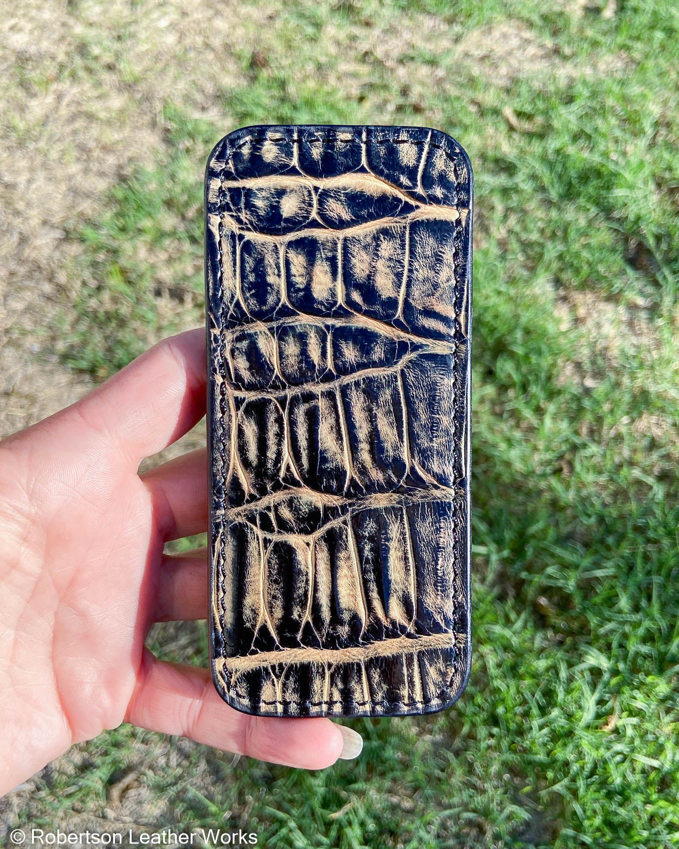 Large H.D. Black-Tan Caiman Tail Leather Knife Slip, Black Stitching