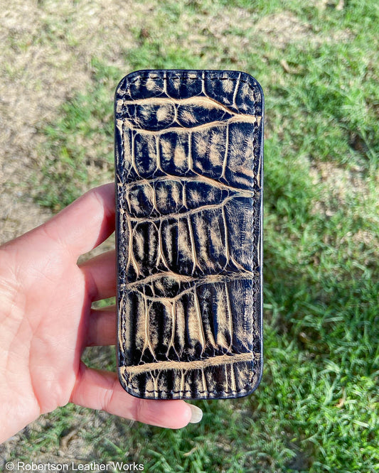 Large H.D. Black-Tan Caiman Tail Leather Knife Slip, Black Stitching