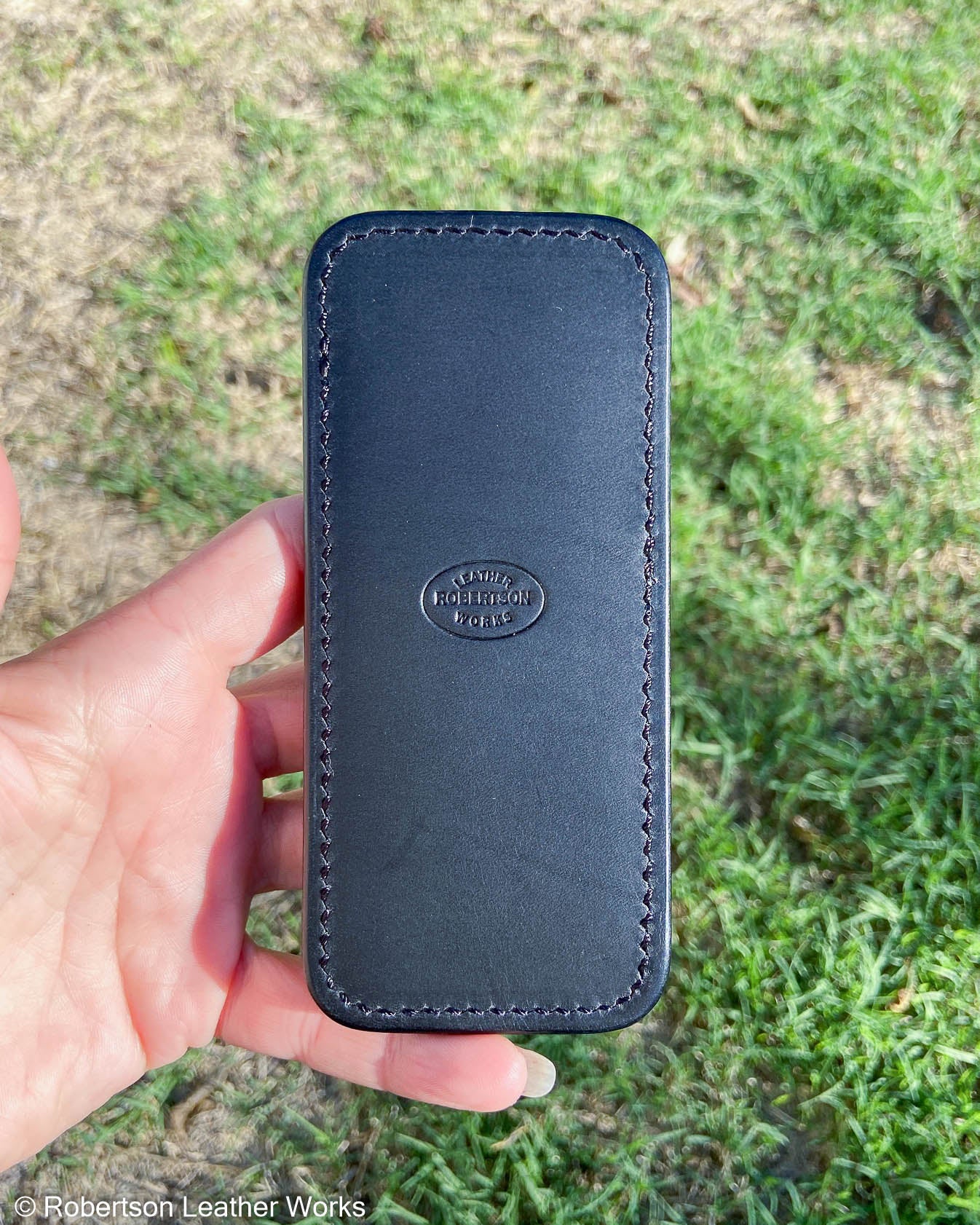 Large H.D. Black-Tan Caiman Tail Leather Knife Slip, Black Stitching