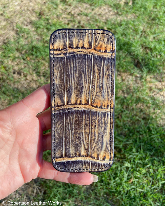 Large H.D. Gray-Tan Caiman Tail Leather Knife Slip, Black Stitching