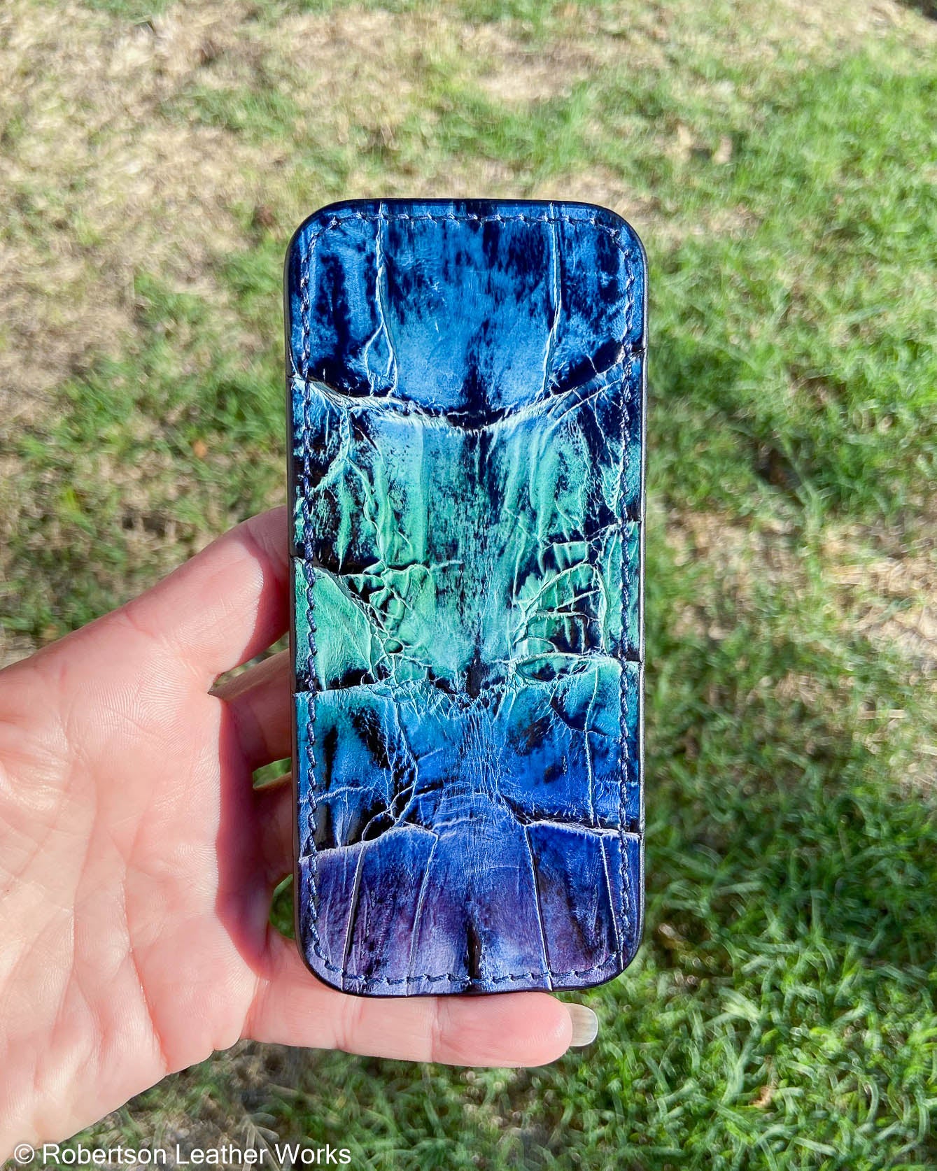 Large H.D. Blue Caiman Tail Leather Knife Slip, Navy Stitching